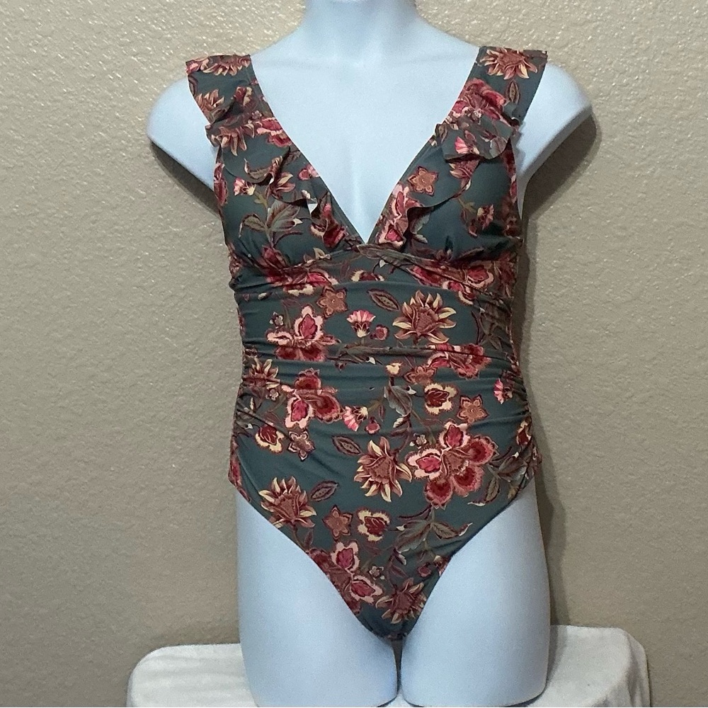 Blue Floral Print Ruffle Strap V-Neck Swimsuit